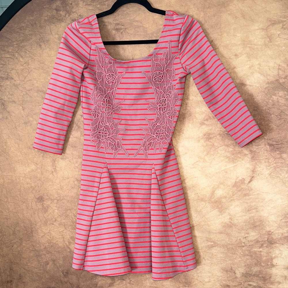 FREE PEOPLE Nautical Knotty Striped Applique Dress Berry Blush Skater Dress